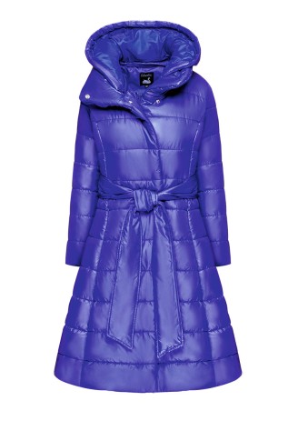 Пальто стеганое утепленное с поясом, цвет ярко-синий