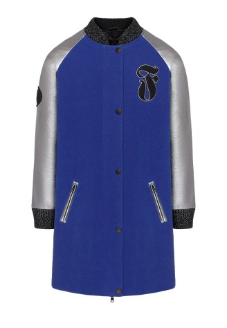 Утепленное пальто с рукавами из экокожи для девочки, цвет ярко-синий