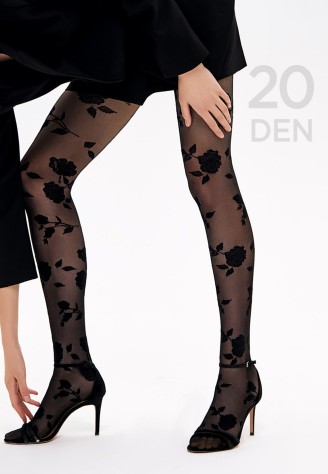 Колготки с цветочным узором SF208, 20 den, чёрные