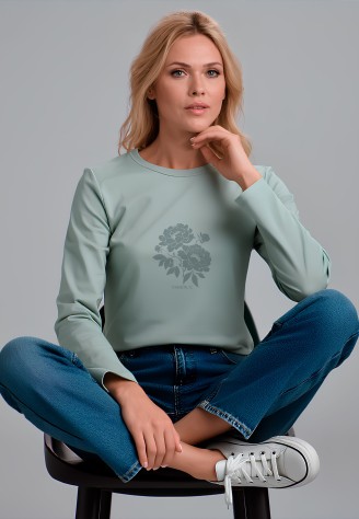 Лонгслив с флоральным принтом «Пионы», серая мята