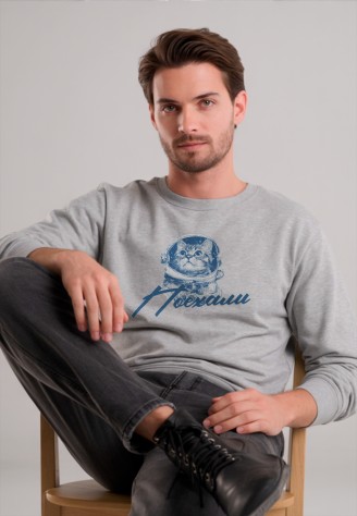 Мужской свитшот с принтом «Поехали», цвет светло-серый меланж